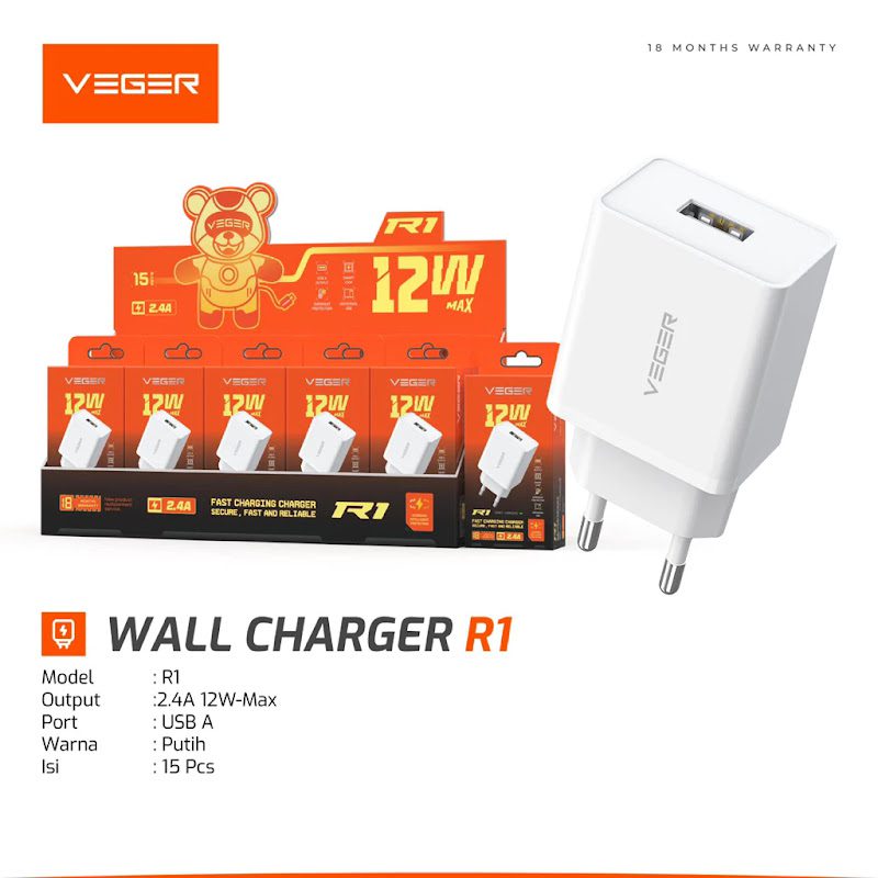 Batok Charger Veger R1 2.4A 12W Fast Charging Original Resmi - Gambar 3