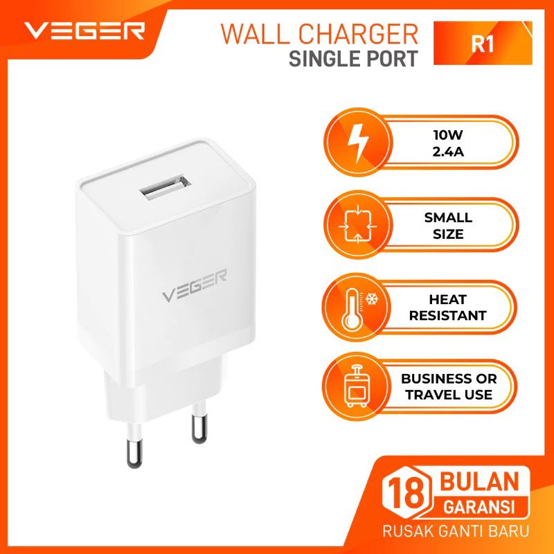 Batok Charger Veger R1 2.4A 12W Fast Charging Original Resmi
